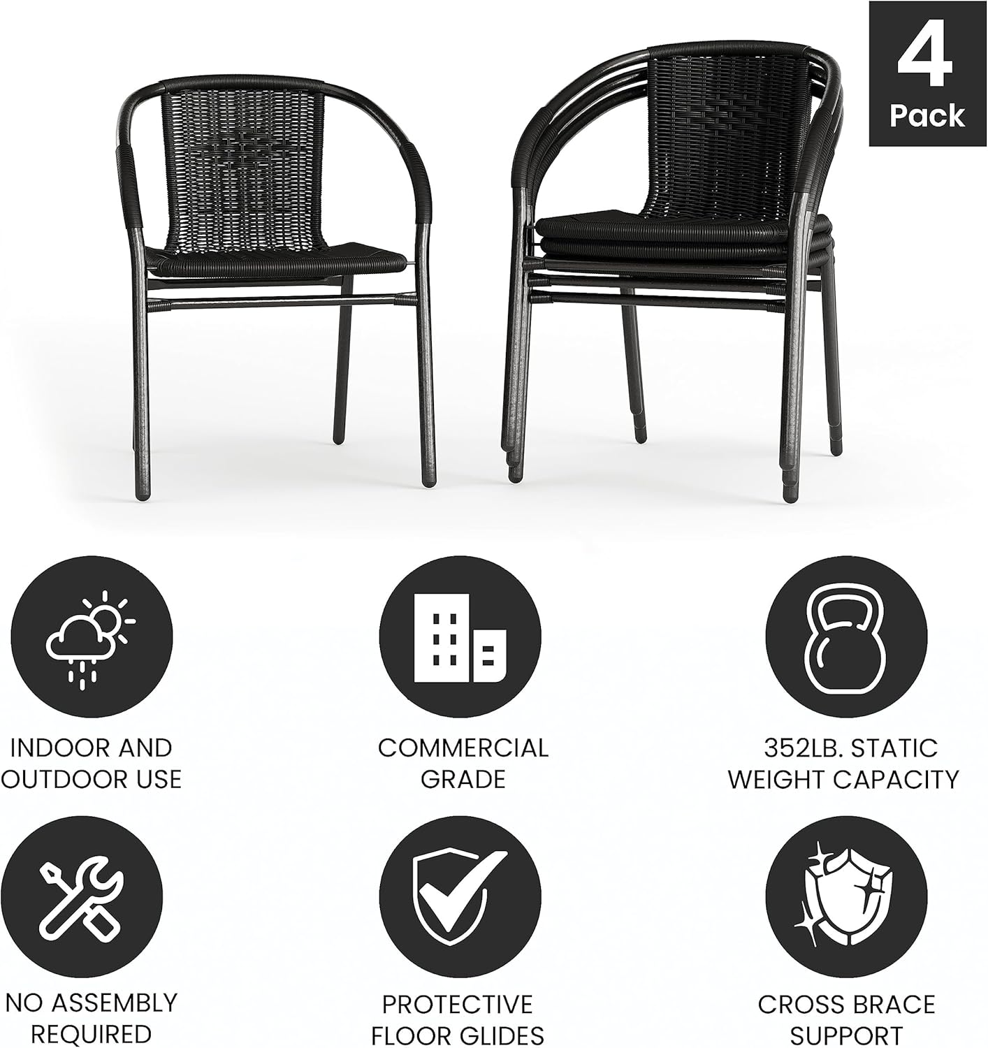 EMMA + OLIVER Set of 4 Modern PE Rattan Stack Chairs, Indoor/Outdoor Patio Dining Chairs, No Assembly Required, Black