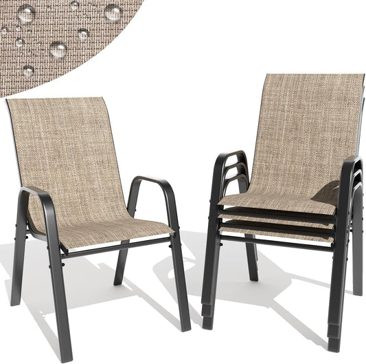 Patio Dining Chairs Set of 4 Outdoor Stackable Dining Chairs for All Weather 350lbs Capacity Heavy Duty Textilene Fabric Rustproof Metal Frame Patio Furniture for Backyard Garden Poolside (Brown)