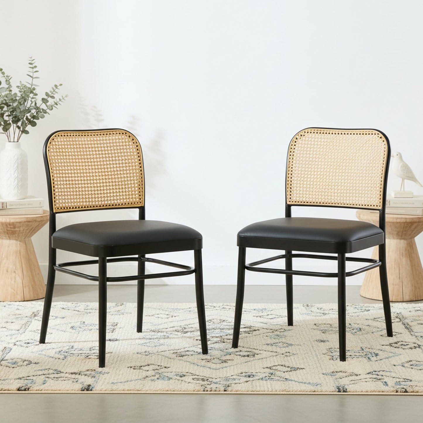 Rattan Dining Chairs Set of 4, Upholstered Faux Leather Dining Chairs with Cane Back, Mid Century Modern Kitchen & Dining Room Chairs, Boho Style, Black