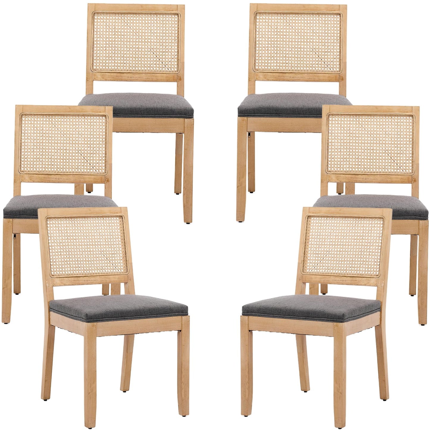 French Country Dining Chairs Set of 6, Ivory Boho Style Woven Back Kitchen Chairs, Linen Upholstered Seats with Wood Legs for Kitchen & Dining Room, Sillas de Comedor (Beige, 6Pcs)