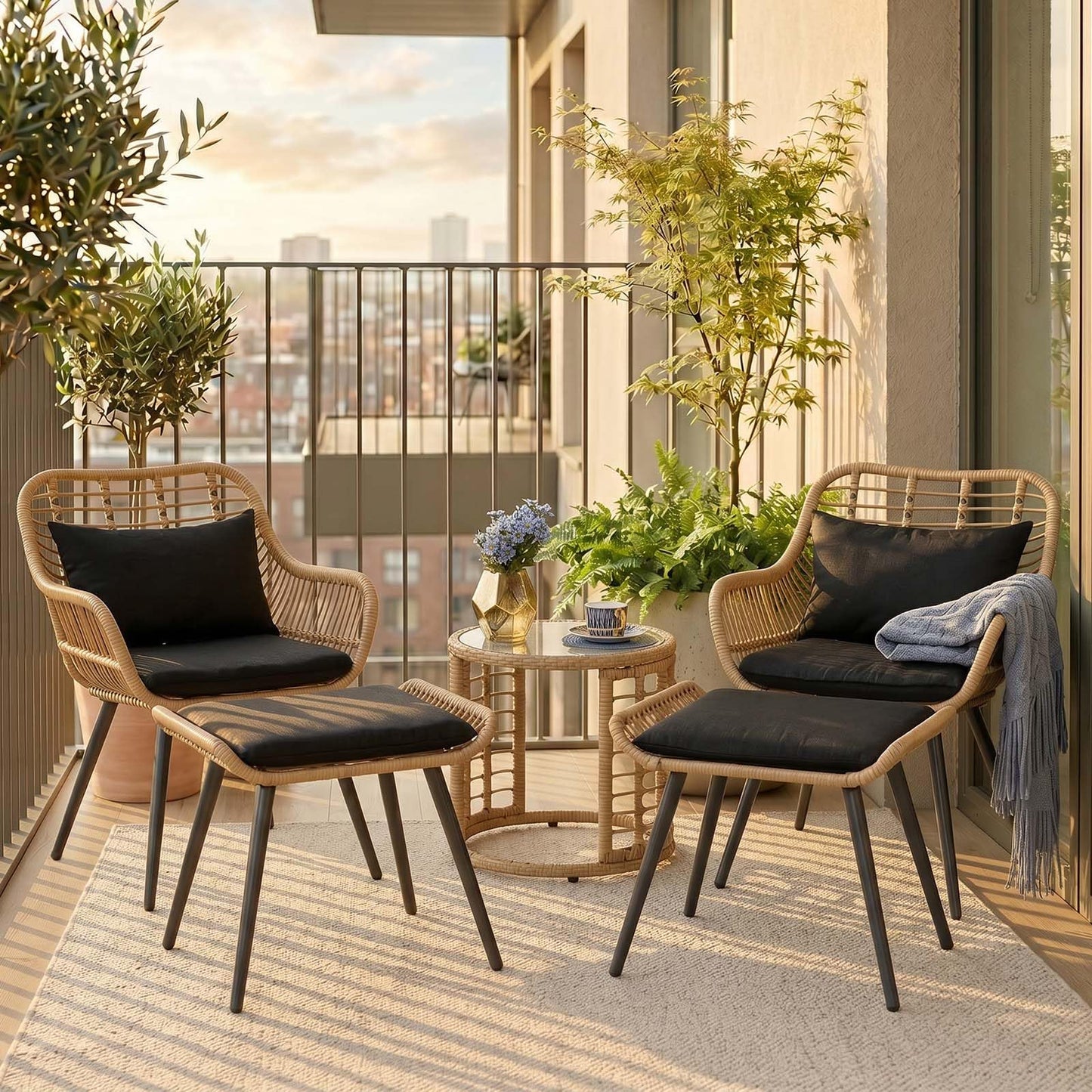 JOIVI 3 Piece Patio Bistro Set, Wicker Outdoor Patio Set with Enhanced Comfort Seating, Round Glass Top Coffee Side Table, Patio Rattan Conversation Set for Balcony, Lawn, Garden, Backyard, Black