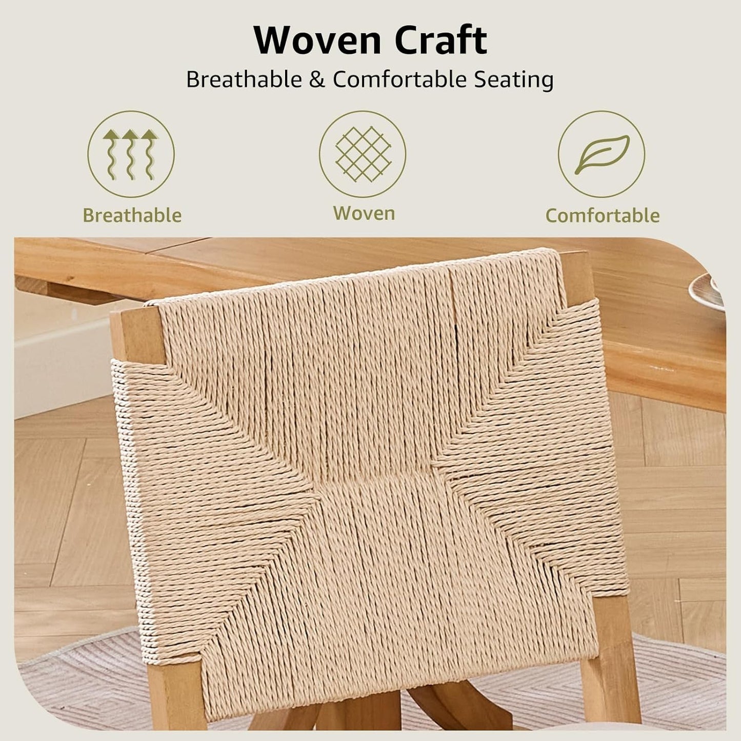 Farmhouse Dining Chairs Set of 4, French Country Woven Kitchen & Dining Room Chairs, Boho Woven Back Linen Upholstered Kitchen Chair, Solid Wood Frame, Sillas de Comedor (Beige, Woven, 4 Pcs)