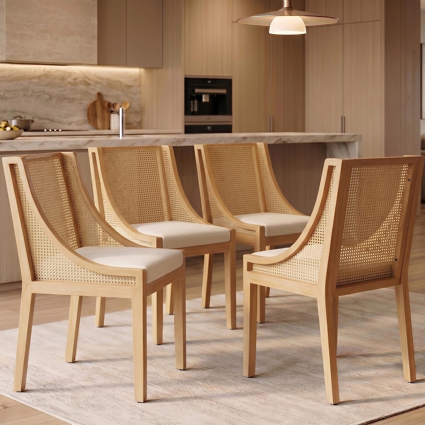 Farmhouse Dining Chairs Set of 6, French Country Rattan Kitchen & Dining Room Chairs, Cane Back Ivory Linen Upholstered Kitchen Chair, Solid Wood Frame, Sillas de Comedor (Beige, Rattan, 6 Pcs)