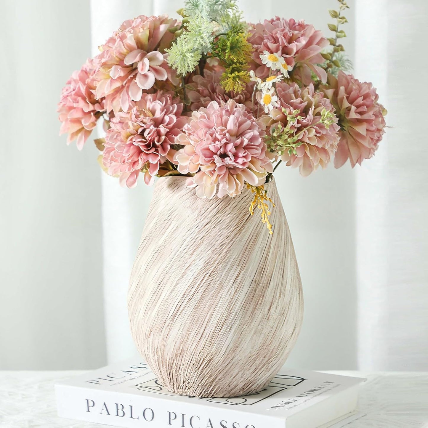 ALMA White Modern Ceramic Vase, 8'' Tall Minimalist Flower Vase for Home Decor, Beige Textured Vase for Living Room, Bedroom, Enterway, Bookshelf, Mantel,Dinning Table, Gift for Wedding & Holiday