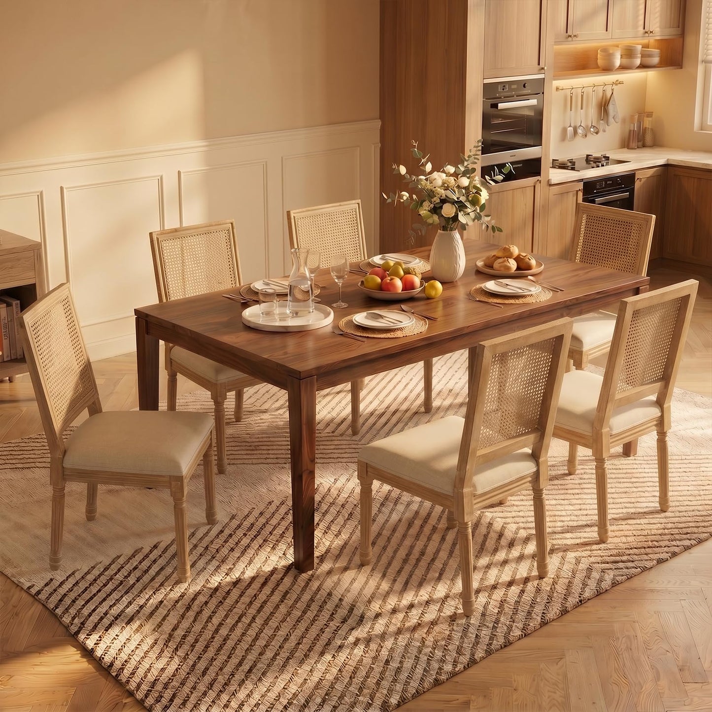 Farmhouse Dining Chairs Set of 4, French Country Woven Kitchen & Dining Room Chairs, Boho Woven Back Linen Upholstered Kitchen Chair, Solid Wood Frame, Sillas de Comedor (Beige, Woven, 4 Pcs)