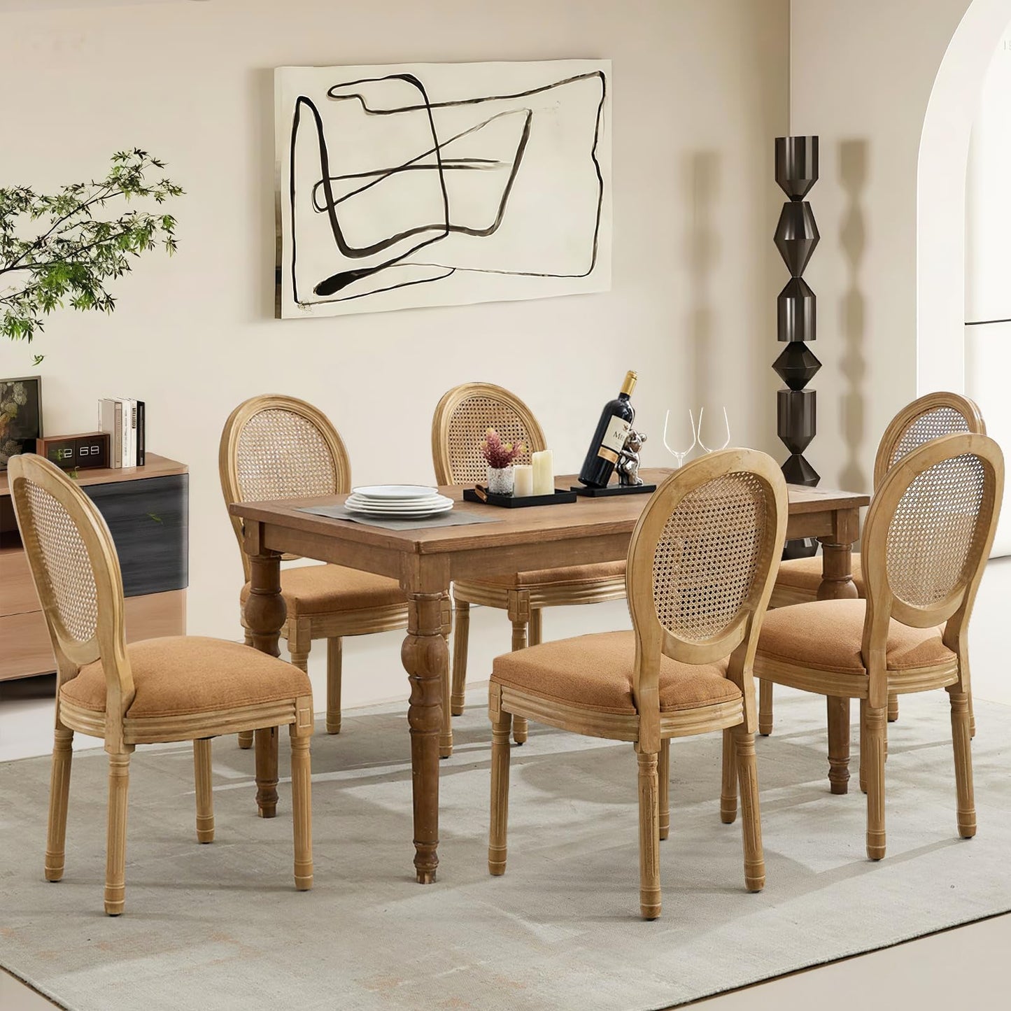 Rattan Dining Chairs Set of 4, French Country Cane Back Upholstered Kitchen Chairs, Solid Wood Farmhouse Side Chairs, Beige