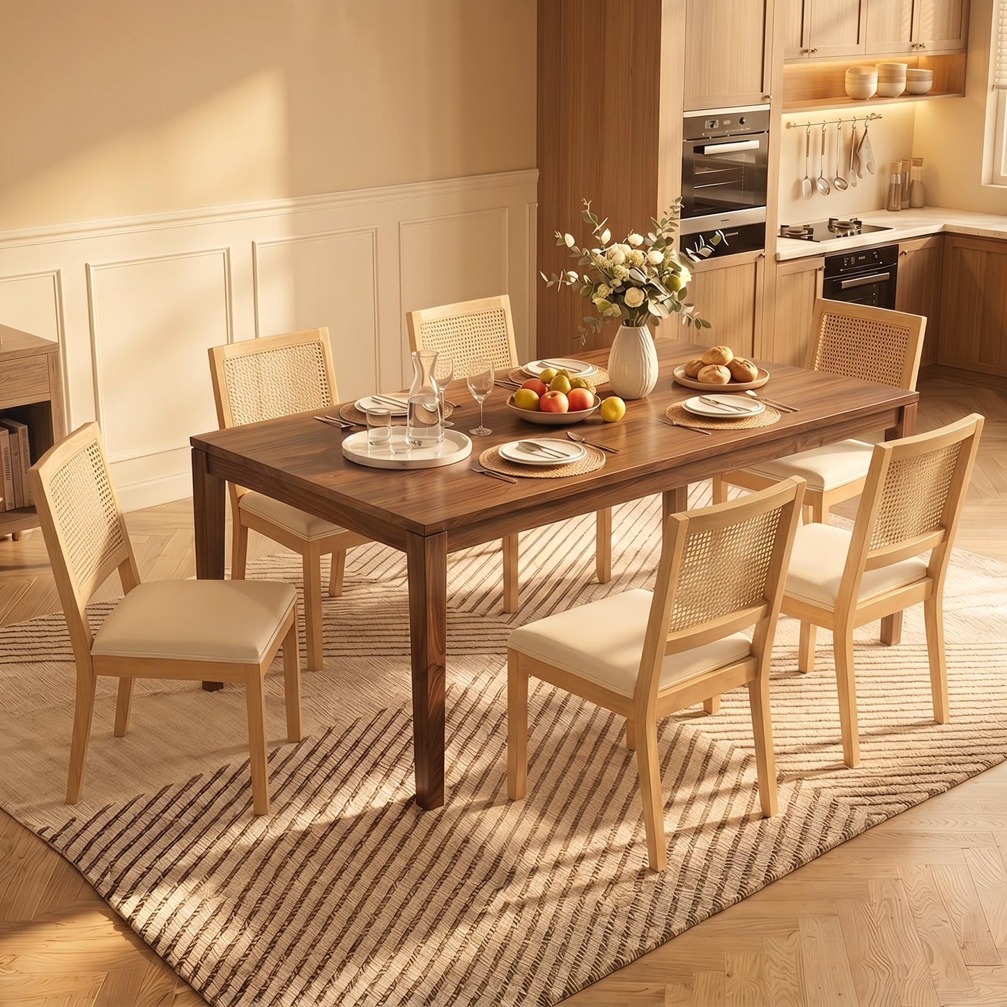 Farmhouse Dining Chairs Set of 4, French Country Woven Kitchen & Dining Room Chairs, Boho Woven Back Linen Upholstered Kitchen Chair, Solid Wood Frame, Sillas de Comedor (Beige, Woven, 4 Pcs)
