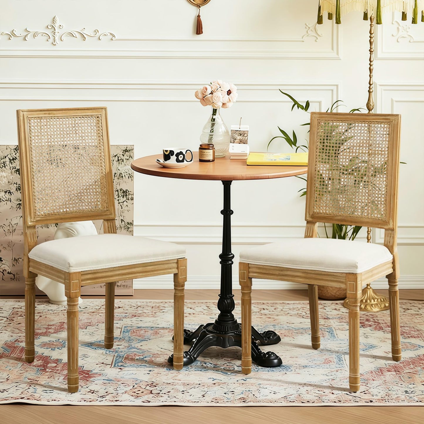 Rattan Dining Chairs Set of 4, French Country Cane Back Upholstered Kitchen Chairs, Solid Wood Farmhouse Side Chairs, Beige