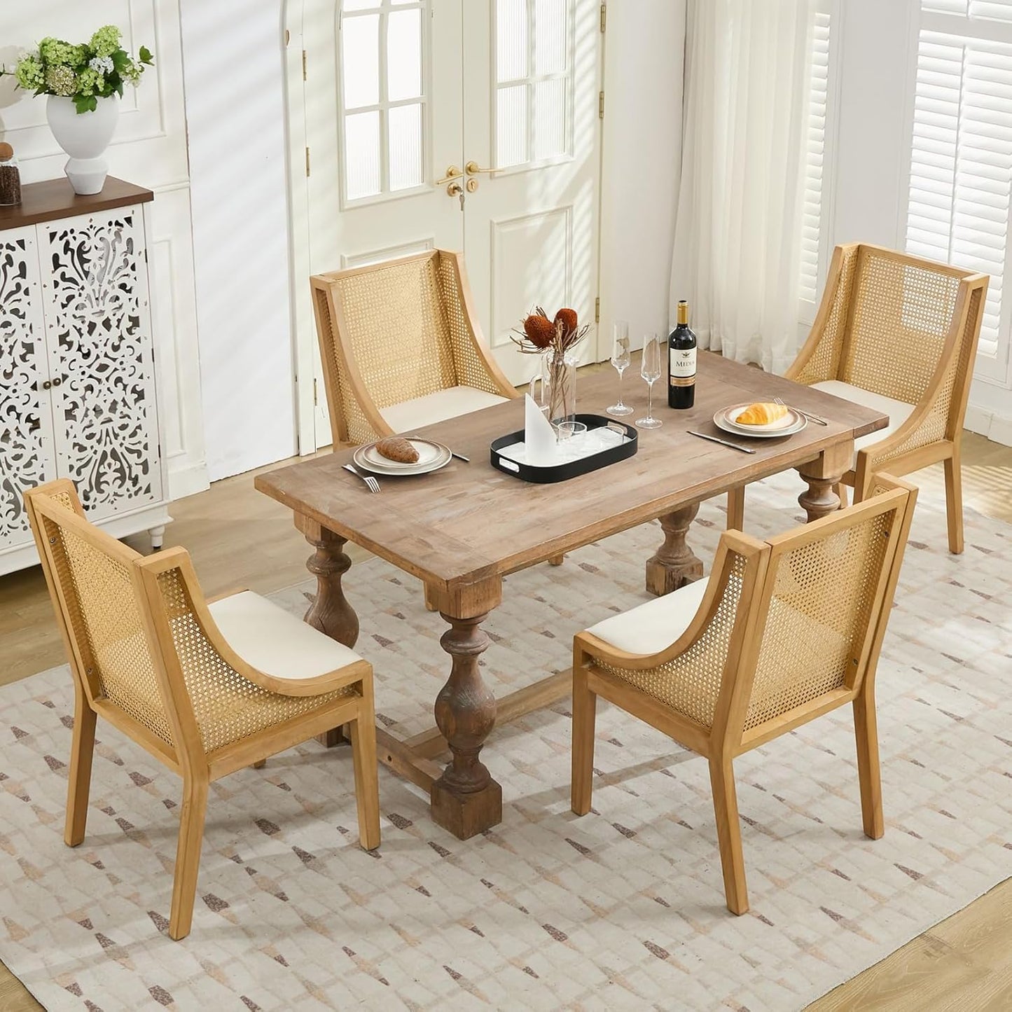 Farmhouse Dining Chairs Set of 6, French Country Rattan Kitchen & Dining Room Chairs, Cane Back Ivory Linen Upholstered Kitchen Chair, Solid Wood Frame, Sillas de Comedor (Beige, Rattan, 6 Pcs)