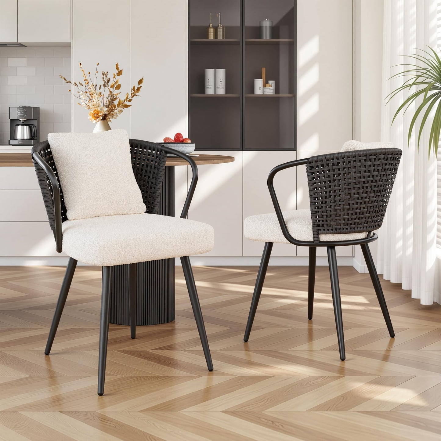Rattan Dining Chairs Set of 2, Upholstered Kitchen Chair with Metal Legs, Ergonomic Curved Backrest, Mid Century Modern Living Room Chairs with Throw Pillow, Natural