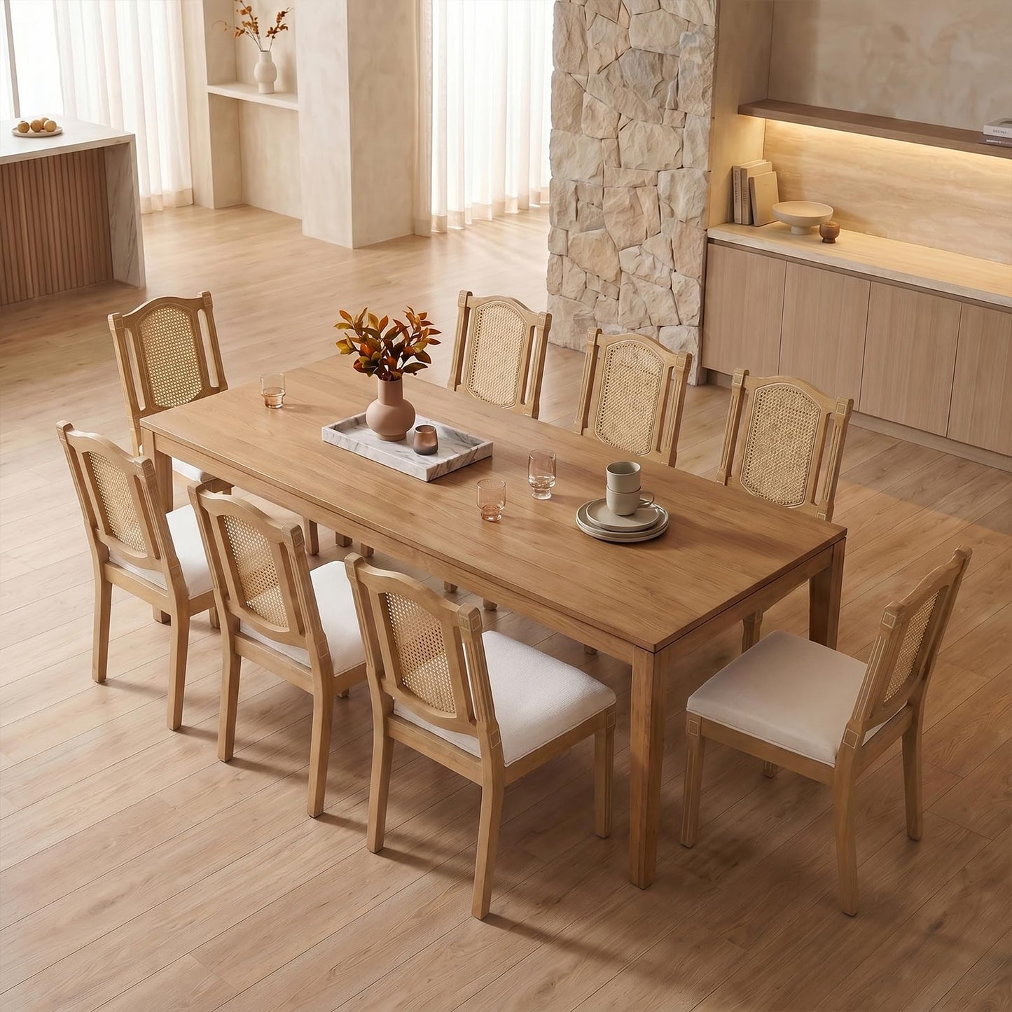 Farmhouse Dining Chairs Set of 4, French Country Woven Kitchen & Dining Room Chairs, Boho Woven Back Linen Upholstered Kitchen Chair, Solid Wood Frame, Sillas de Comedor (Beige, Woven, 4 Pcs)