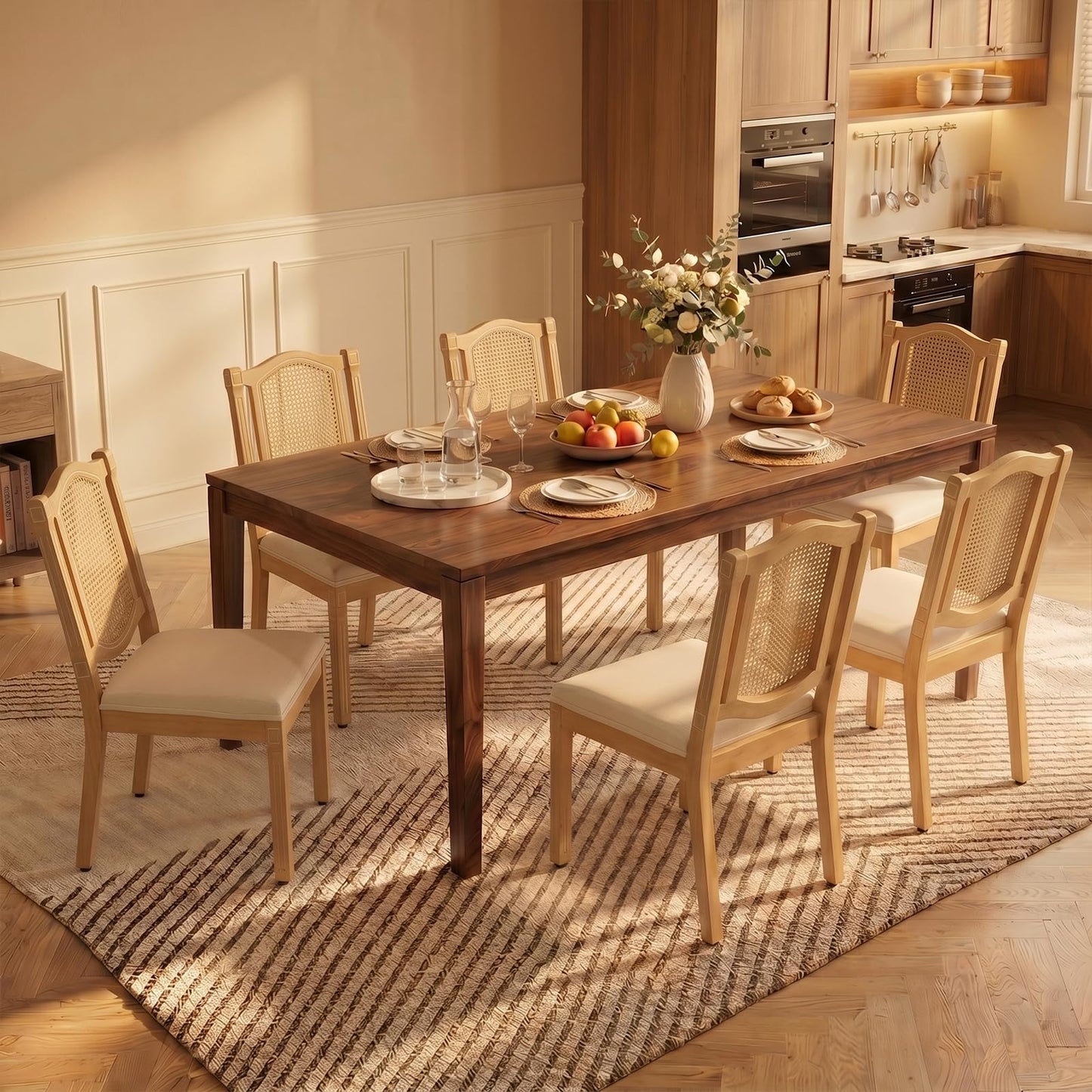 Farmhouse Dining Chairs Set of 4, French Country Woven Kitchen & Dining Room Chairs, Boho Woven Back Linen Upholstered Kitchen Chair, Solid Wood Frame, Sillas de Comedor (Beige, Woven, 4 Pcs)