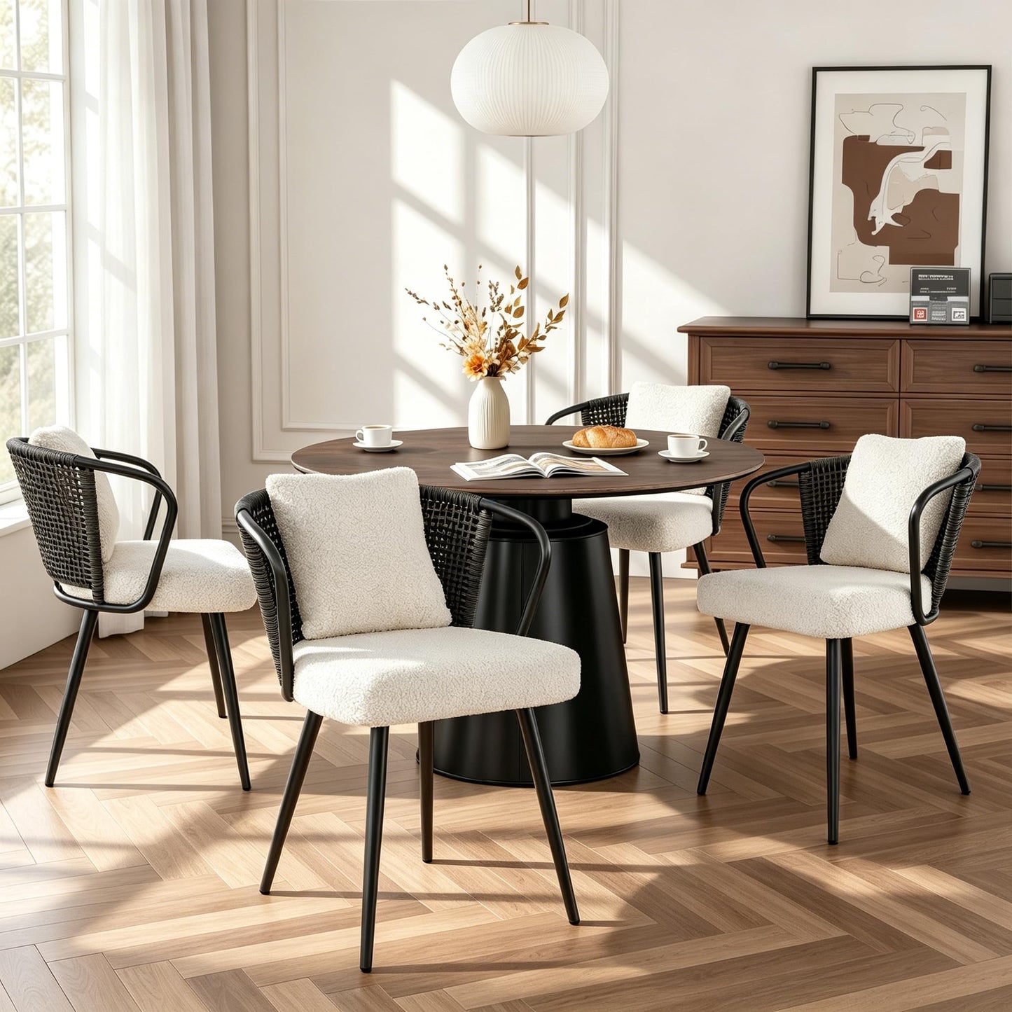 Rattan Dining Chairs Set of 2, Upholstered Kitchen Chair with Metal Legs, Ergonomic Curved Backrest, Mid Century Modern Living Room Chairs with Throw Pillow, Natural
