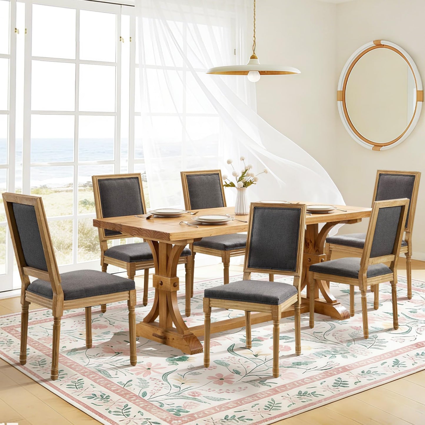 Rattan Dining Chairs Set of 4, French Country Cane Back Upholstered Kitchen Chairs, Solid Wood Farmhouse Side Chairs, Beige