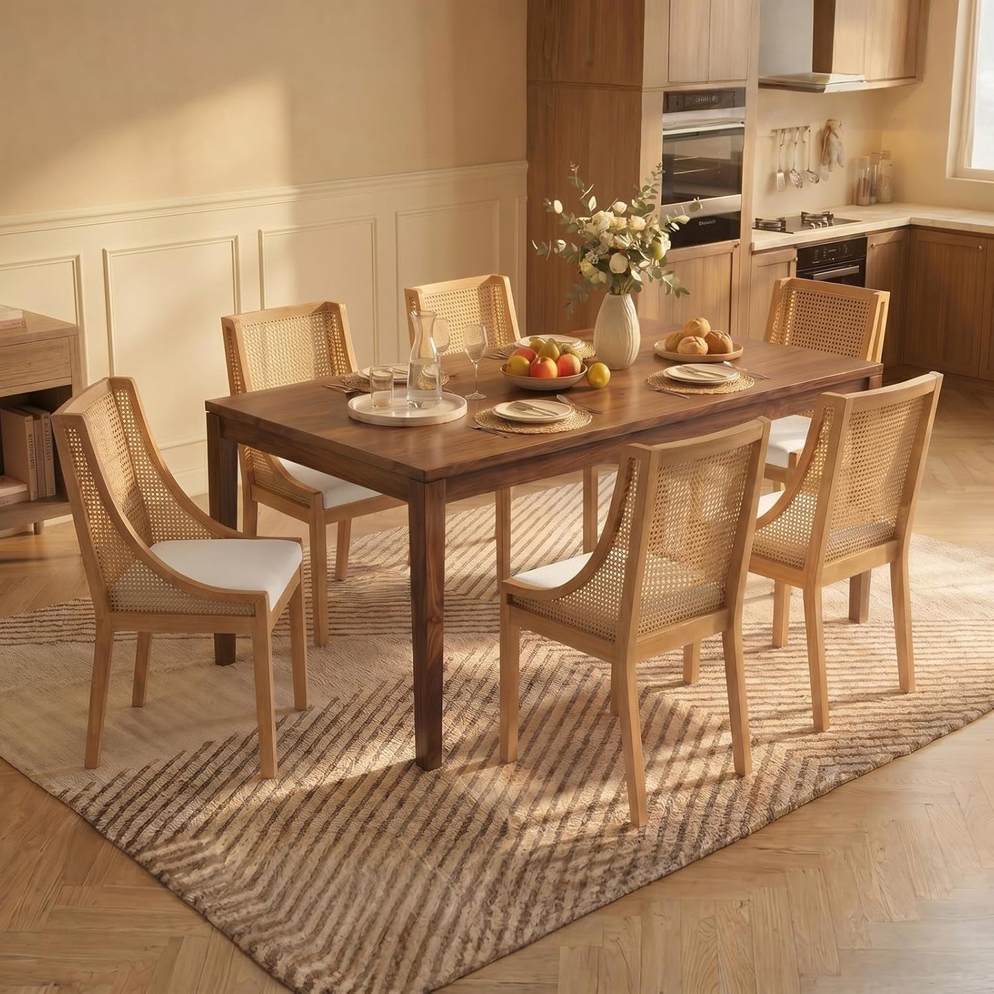 Farmhouse Dining Chairs Set of 6, French Country Rattan Kitchen & Dining Room Chairs, Cane Back Ivory Linen Upholstered Kitchen Chair, Solid Wood Frame, Sillas de Comedor (Beige, Rattan, 6 Pcs)