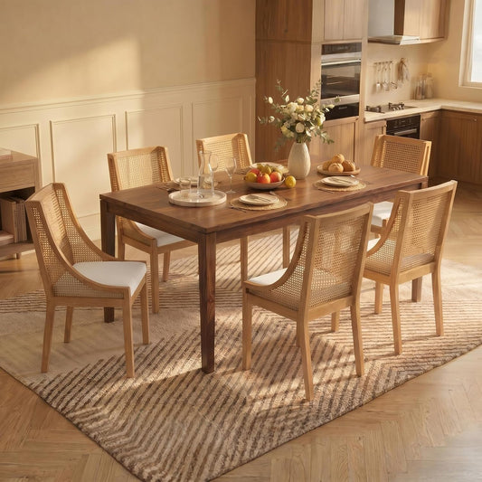 Farmhouse Dining Chairs Set of 6, French Country Rattan Kitchen & Dining Room Chairs, Cane Back Ivory Linen Upholstered Kitchen Chair, Solid Wood Frame, Sillas de Comedor (Beige, Rattan, 6 Pcs)