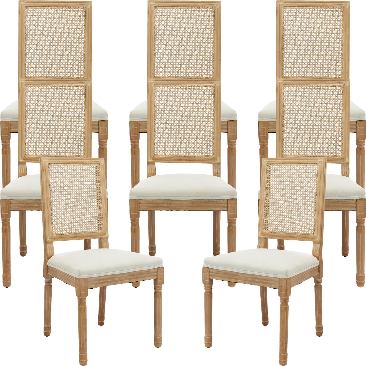 French Country Dining Chairs Set of 6, Ivory Boho Style Woven Back Kitchen Chairs, Linen Upholstered Seats with Wood Legs for Kitchen & Dining Room, Sillas de Comedor (Beige, 6Pcs)