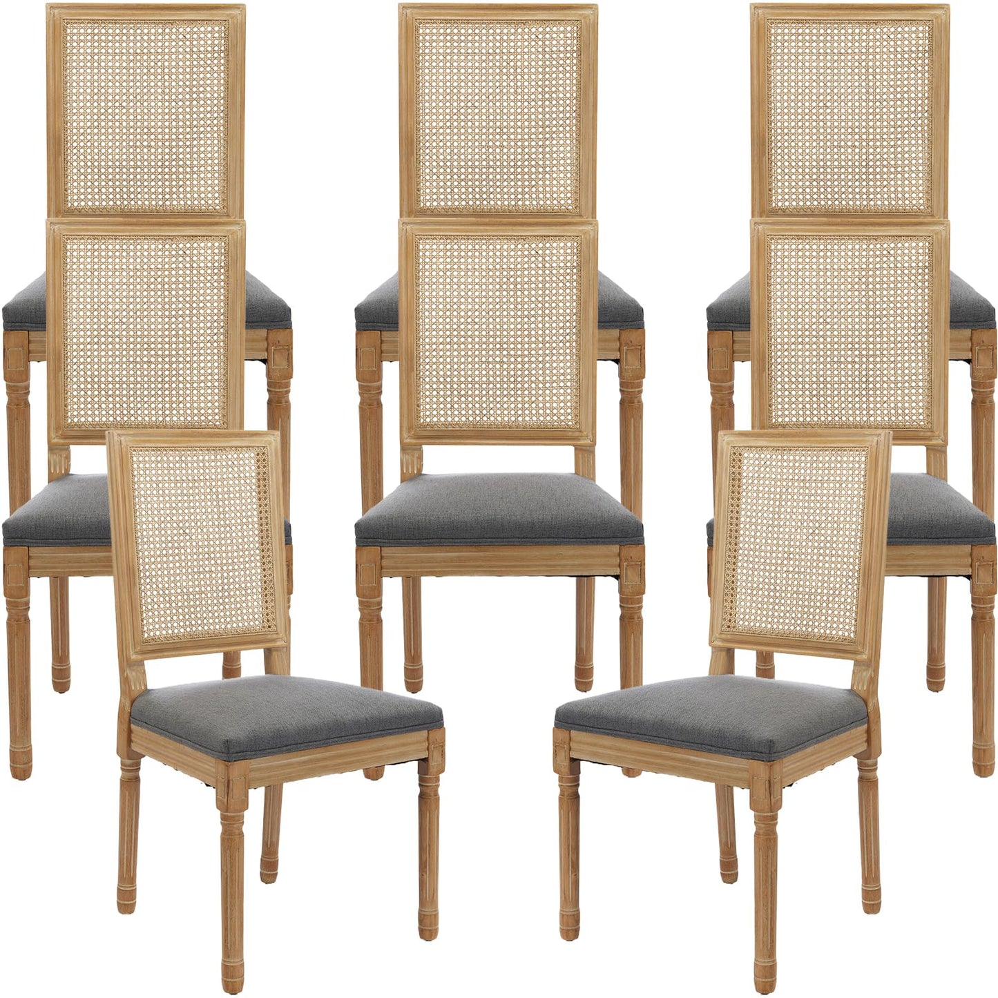 French Country Dining Chairs Set of 6, Ivory Boho Style Woven Back Kitchen Chairs, Linen Upholstered Seats with Wood Legs for Kitchen & Dining Room, Sillas de Comedor (Beige, 6Pcs)
