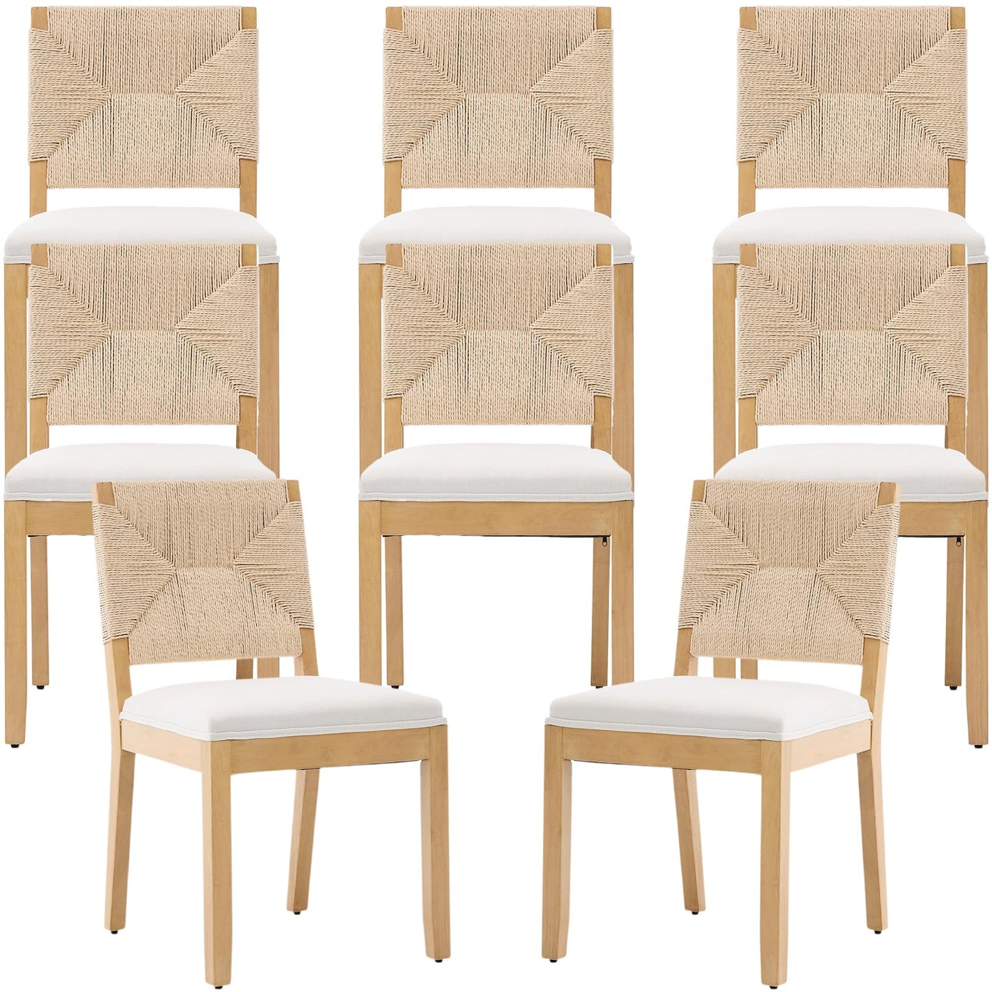 French Country Dining Chairs Set of 6, Ivory Boho Style Woven Back Kitchen Chairs, Linen Upholstered Seats with Wood Legs for Kitchen & Dining Room, Sillas de Comedor (Beige, 6Pcs)