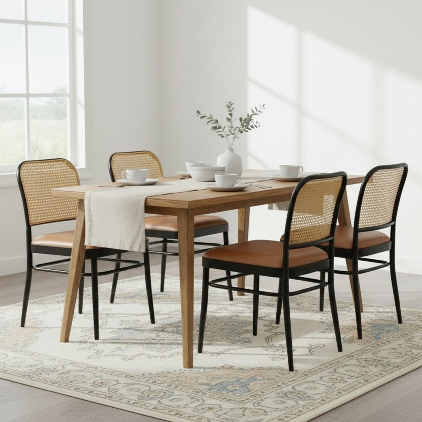 Rattan Dining Chairs Set of 4, Upholstered Faux Leather Dining Chairs with Cane Back, Mid Century Modern Kitchen & Dining Room Chairs, Boho Style, Black