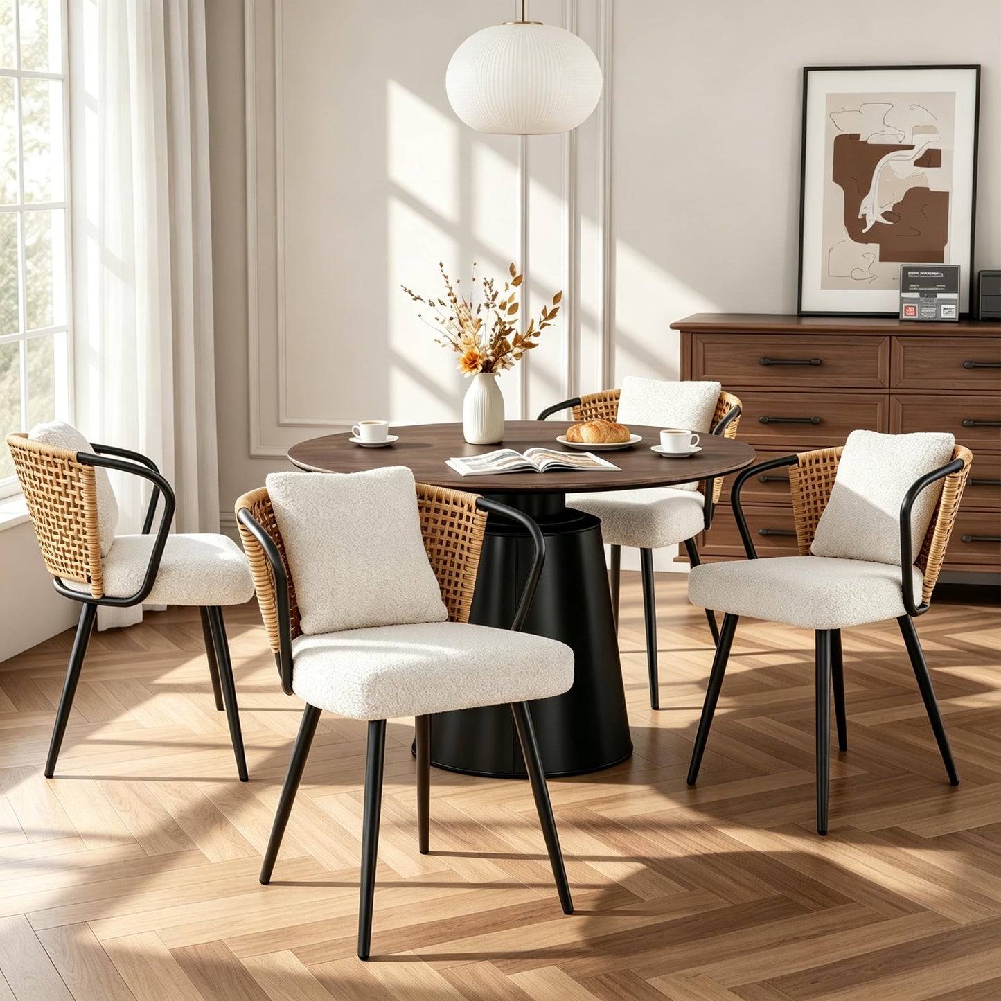 Rattan Dining Chairs Set of 2, Upholstered Kitchen Chair with Metal Legs, Ergonomic Curved Backrest, Mid Century Modern Living Room Chairs with Throw Pillow, Natural