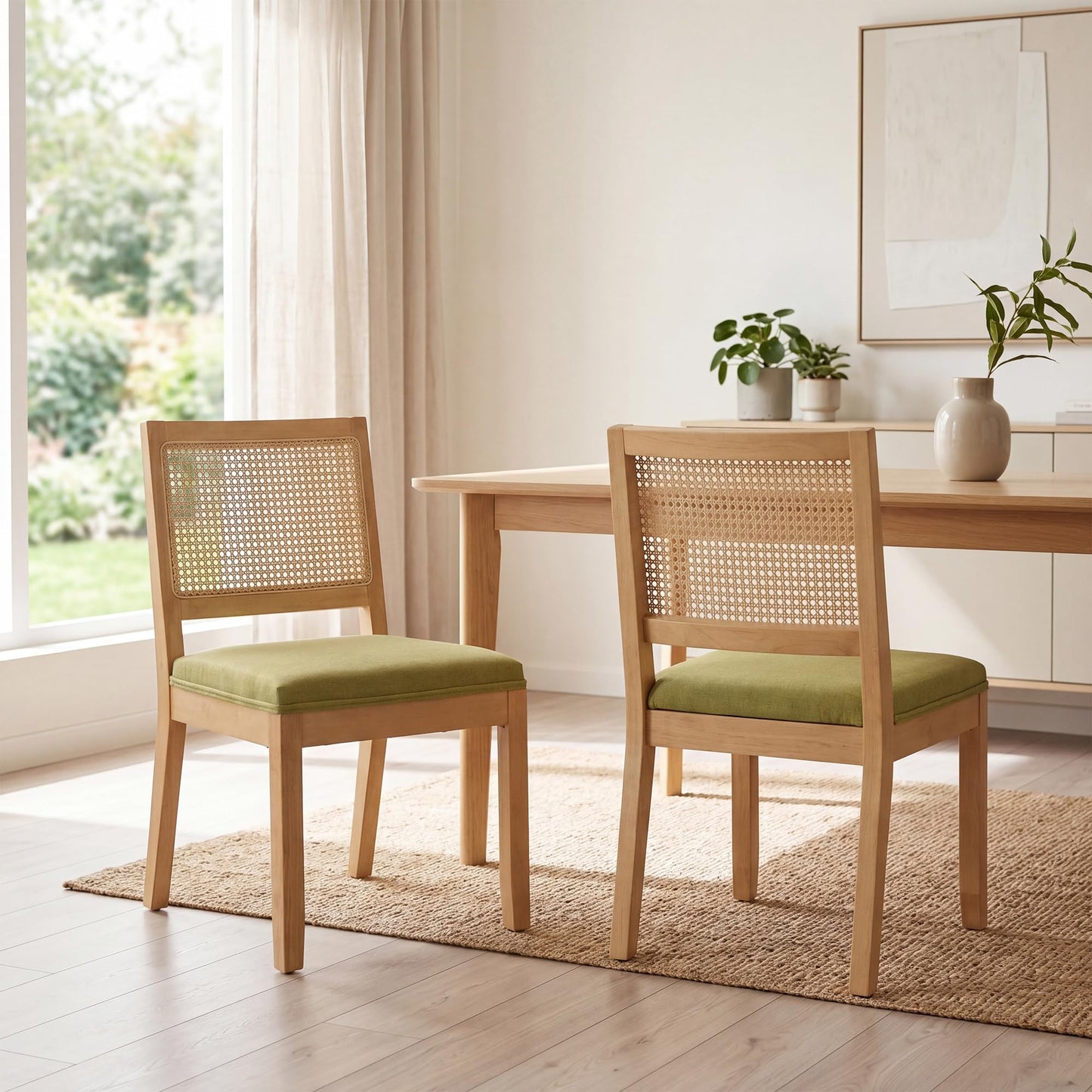 STHOUYN White Rattan Dining Chairs Set of 4 Solid Wood Frame, White Upholstered Seat Kitchen Chairs for Dining Room, Mid Century Modern Farmhouse Style, Comfortable Padded with Natural Finish