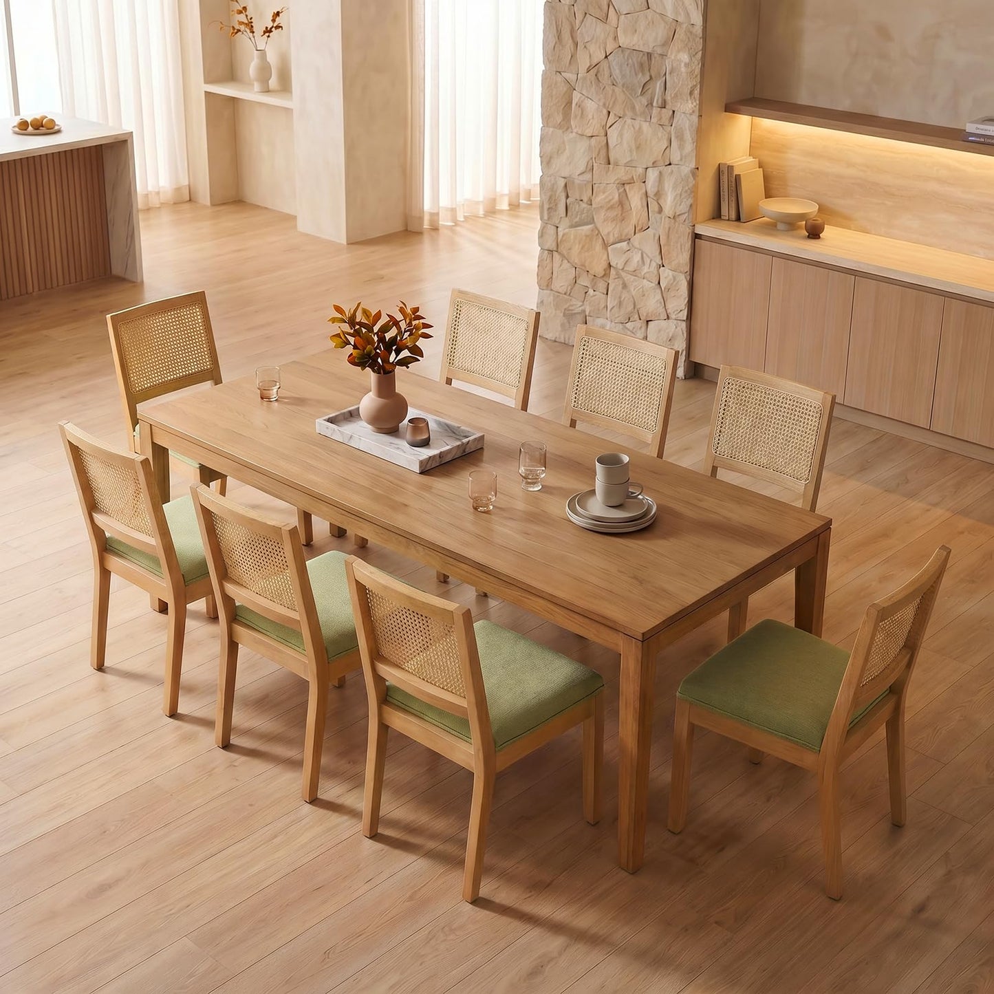 Farmhouse Dining Chairs Set of 6, French Country Rattan Kitchen & Dining Room Chairs, Cane Back Ivory Linen Upholstered Kitchen Chair, Solid Wood Frame, Sillas de Comedor (Beige, Rattan, 6 Pcs)