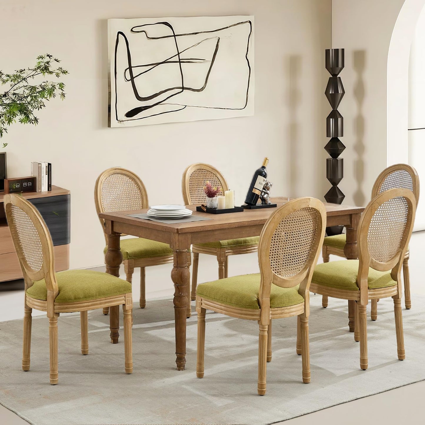 Rattan Dining Chairs Set of 4, French Country Cane Back Upholstered Kitchen Chairs, Solid Wood Farmhouse Side Chairs, Beige