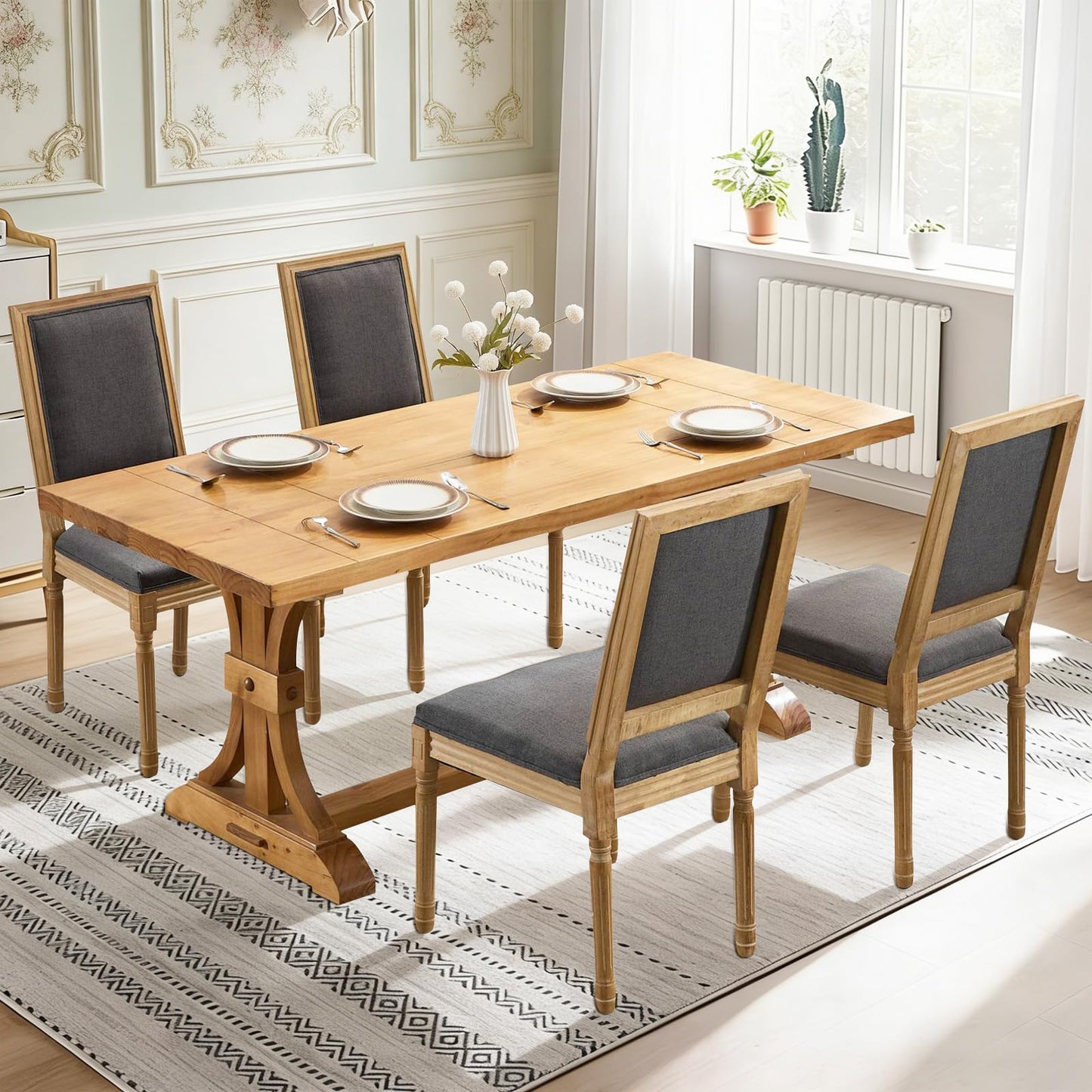 Rattan Dining Chairs Set of 4, French Country Cane Back Upholstered Kitchen Chairs, Solid Wood Farmhouse Side Chairs, Beige