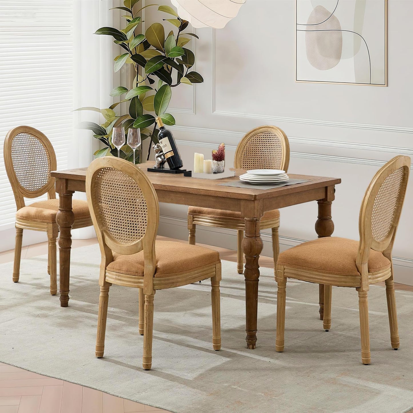 Rattan Dining Chairs Set of 4, French Country Cane Back Upholstered Kitchen Chairs, Solid Wood Farmhouse Side Chairs, Beige