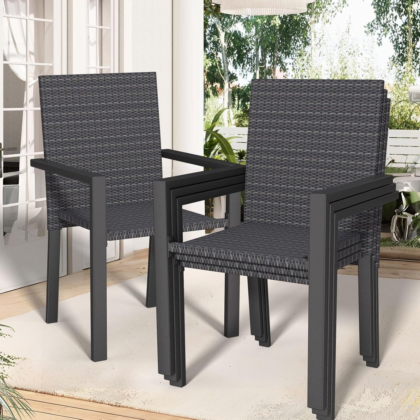 Stackable Patio Chairs Set of 4, Wicker Outdoor Dining Chair, All-Weather Rattan Patio Dining Sets with Deep Seat for Patio, Garden, Lawn, Firepit, Black
