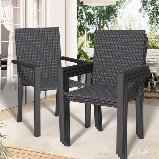Stackable Patio Chairs Set of 4, Wicker Outdoor Dining Chair, All-Weather Rattan Patio Dining Sets with Deep Seat for Patio, Garden, Lawn, Firepit, Black