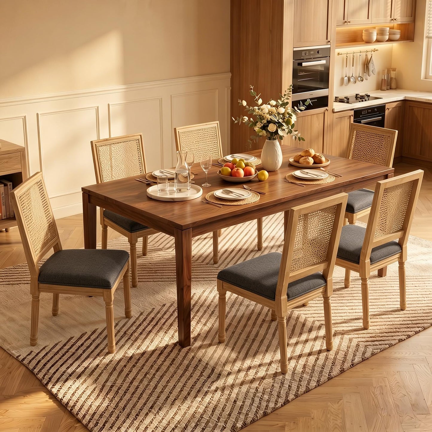 Farmhouse Dining Chairs Set of 4, French Country Woven Kitchen & Dining Room Chairs, Boho Woven Back Linen Upholstered Kitchen Chair, Solid Wood Frame, Sillas de Comedor (Beige, Woven, 4 Pcs)