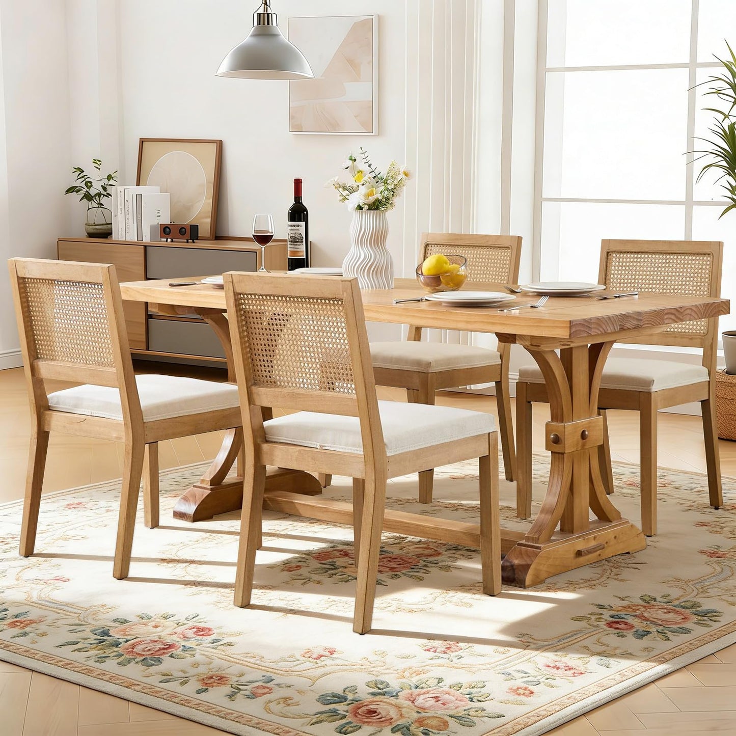 Rattan Dining Chairs Set of 4, French Country Cane Back Upholstered Kitchen Chairs, Solid Wood Farmhouse Side Chairs, Beige