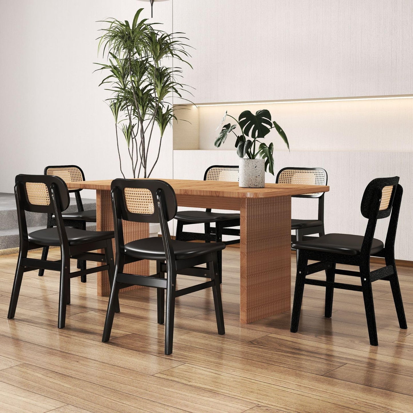 ROCITY Rattan Dining Chairs Set of 2 Beige Linen Fabric Dining Room Chairs Natural Wooden Kitchen Chairs Farmhouse Boho