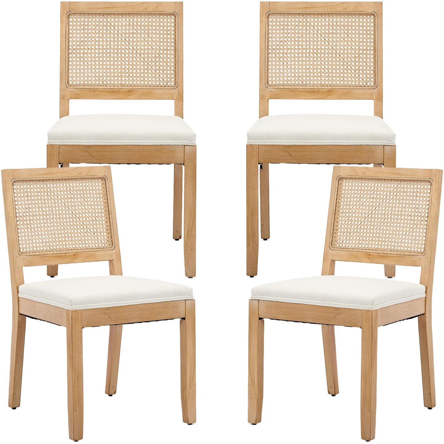 French Country Dining Chairs Set of 6, Ivory Boho Style Woven Back Kitchen Chairs, Linen Upholstered Seats with Wood Legs for Kitchen & Dining Room, Sillas de Comedor (Beige, 6Pcs)