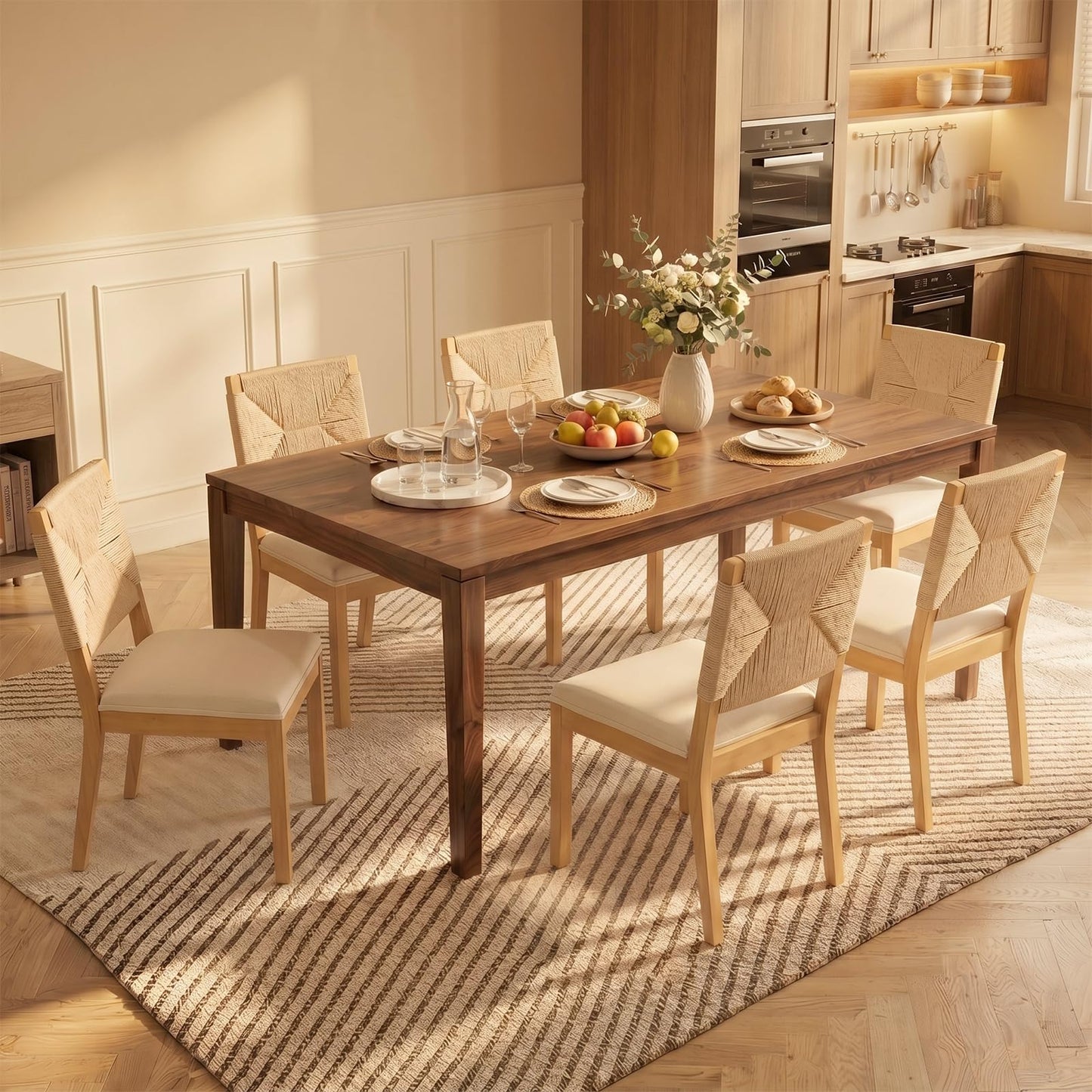 Farmhouse Dining Chairs Set of 4, French Country Woven Kitchen & Dining Room Chairs, Boho Woven Back Linen Upholstered Kitchen Chair, Solid Wood Frame, Sillas de Comedor (Beige, Woven, 4 Pcs)