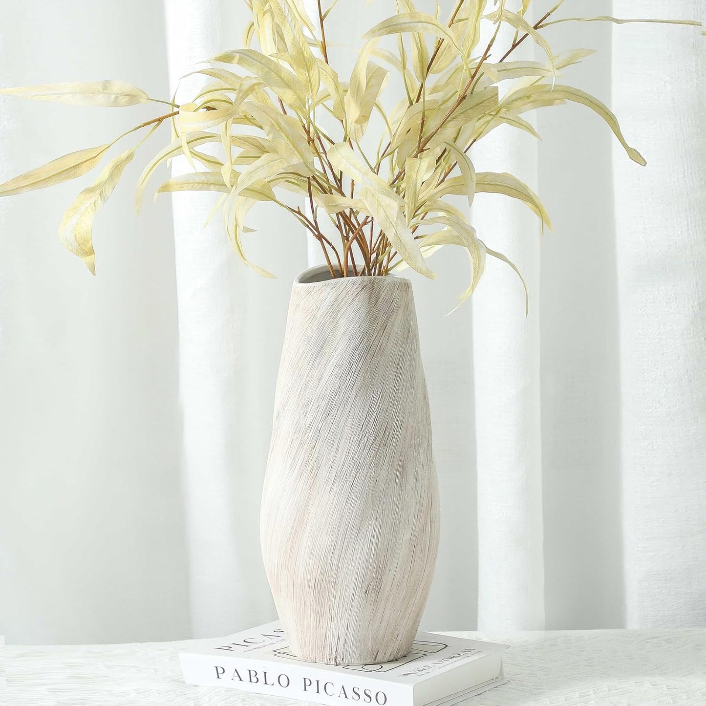 ALMA White Modern Ceramic Vase, 8'' Tall Minimalist Flower Vase for Home Decor, Beige Textured Vase for Living Room, Bedroom, Enterway, Bookshelf, Mantel,Dinning Table, Gift for Wedding & Holiday