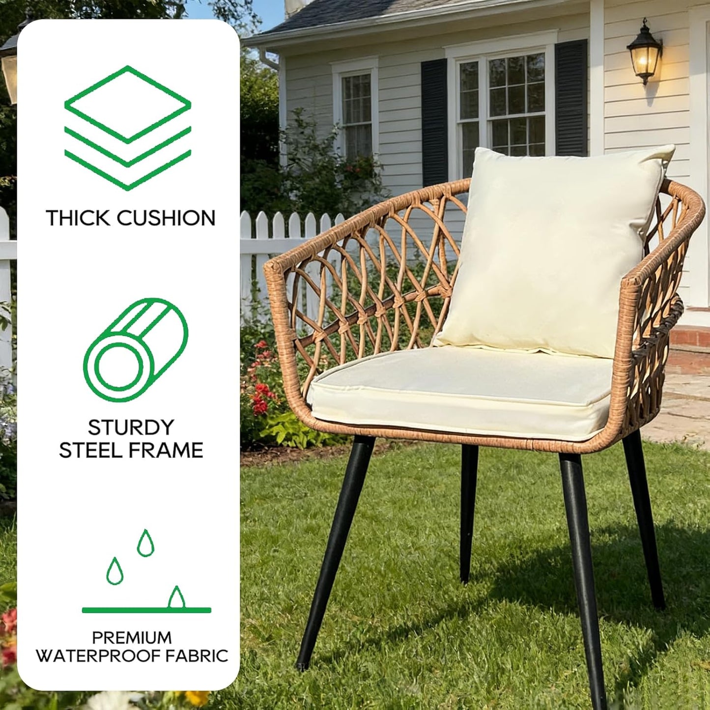 3 Piece Outdoor Bistro Set, All-Weather Wicker Patio Furniture Set, for Backyard, Balcony and Deck with Soft Cushions, Glass Side Table(Beige)