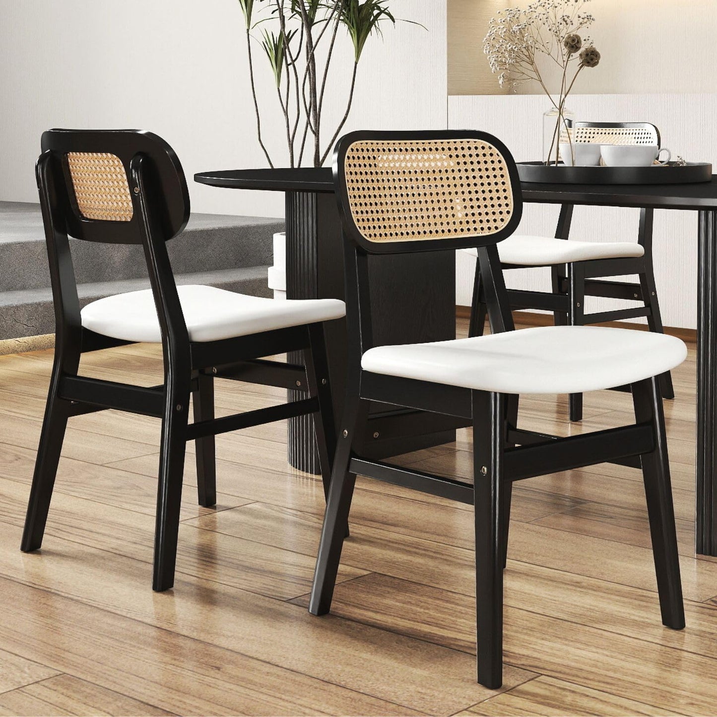 ROCITY Rattan Dining Chairs Set of 2 Beige Linen Fabric Dining Room Chairs Natural Wooden Kitchen Chairs Farmhouse Boho
