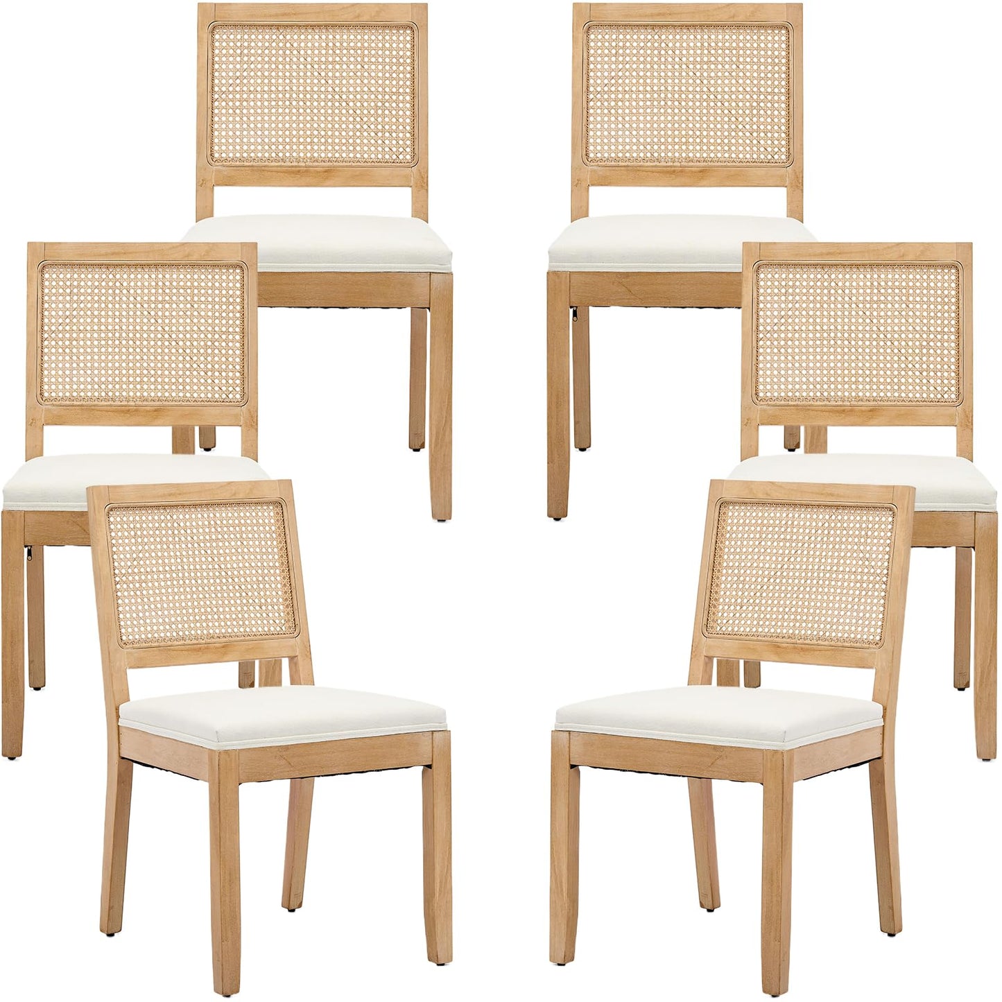 French Country Dining Chairs Set of 6, Ivory Boho Style Woven Back Kitchen Chairs, Linen Upholstered Seats with Wood Legs for Kitchen & Dining Room, Sillas de Comedor (Beige, 6Pcs)