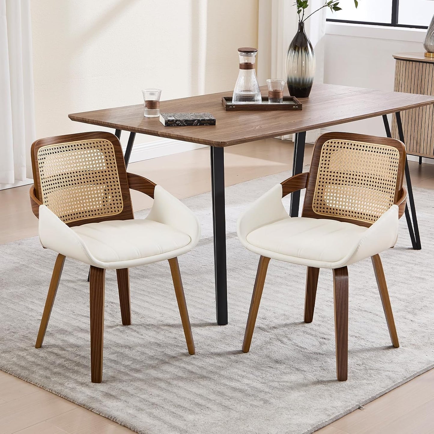 VipDesk Dining Chairs Set of 2, Mid Century Modern Dining Room Chairs with Arms and Rattan Back PU Leather Upholstered Bentwood Kitchen Chairs for Home Restaurant Office - Beige