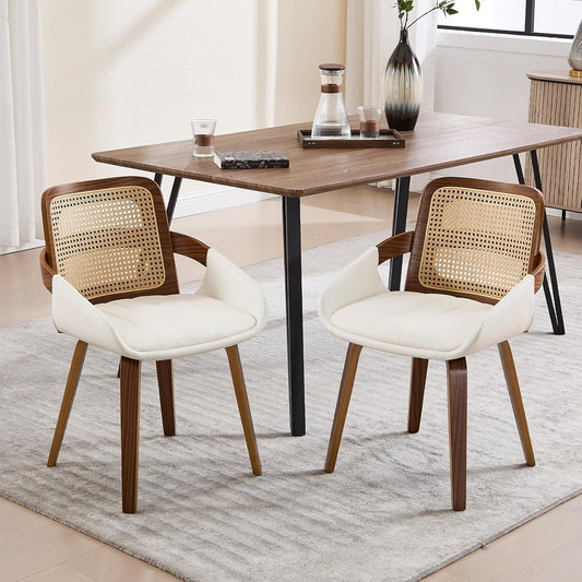 VipDesk Dining Chairs Set of 2, Mid Century Modern Dining Room Chairs with Arms and Rattan Back PU Leather Upholstered Bentwood Kitchen Chairs for Home Restaurant Office - Beige