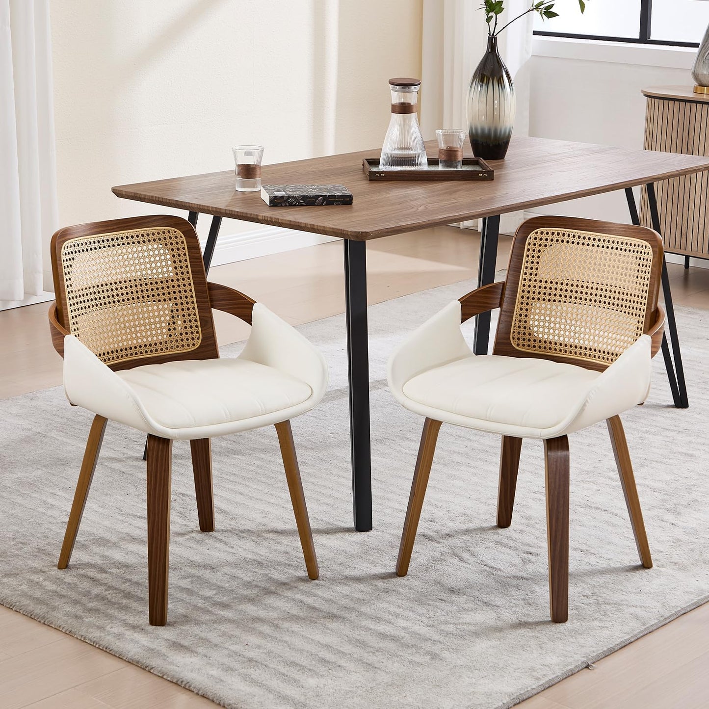 VipDesk Dining Chairs Set of 2, Mid Century Modern Dining Room Chairs with Arms and Rattan Back PU Leather Upholstered Bentwood Kitchen Chairs for Home Restaurant Office - Beige