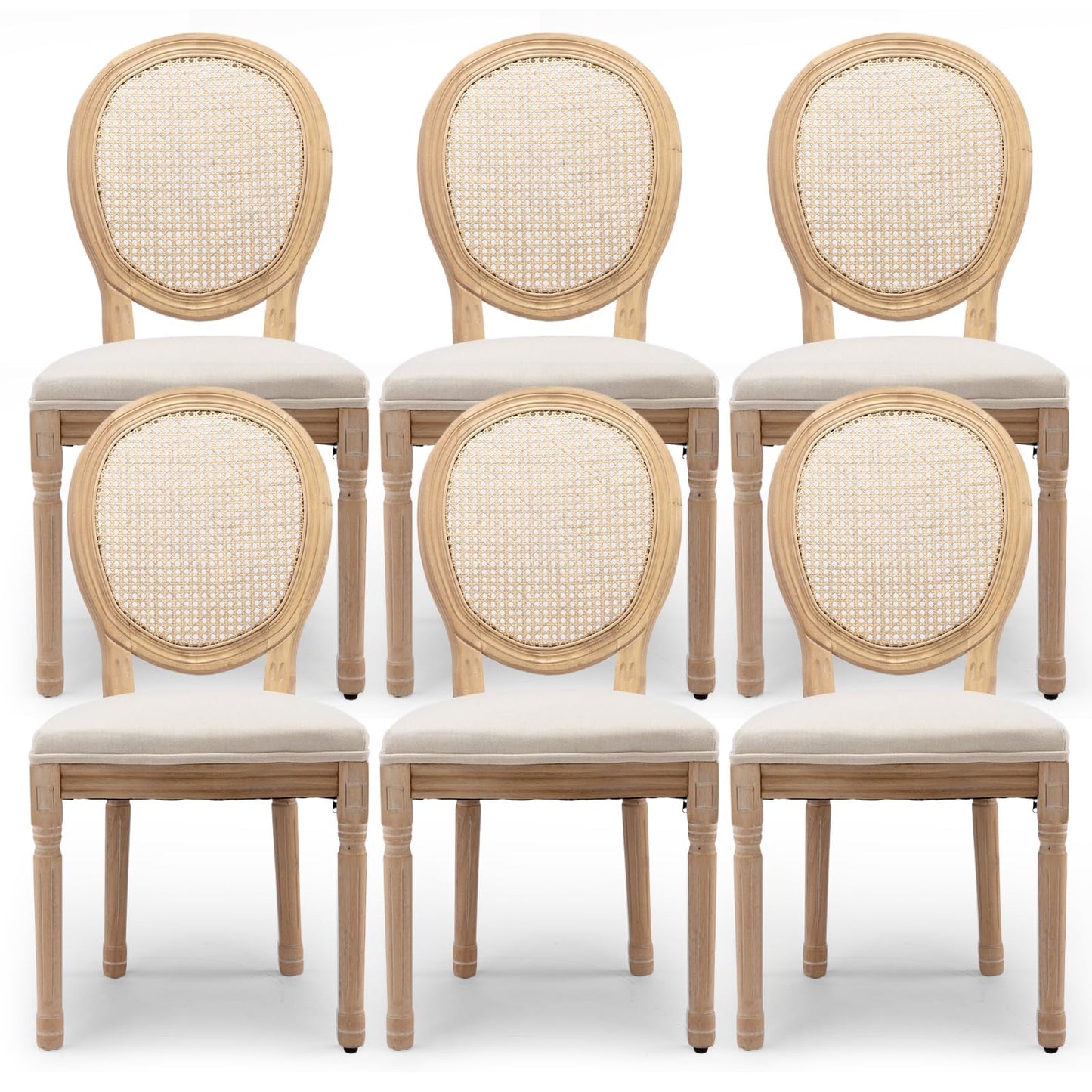 Rattan Dining Chairs Set of 4, French Country Cane Back Upholstered Kitchen Chairs, Solid Wood Farmhouse Side Chairs, Beige