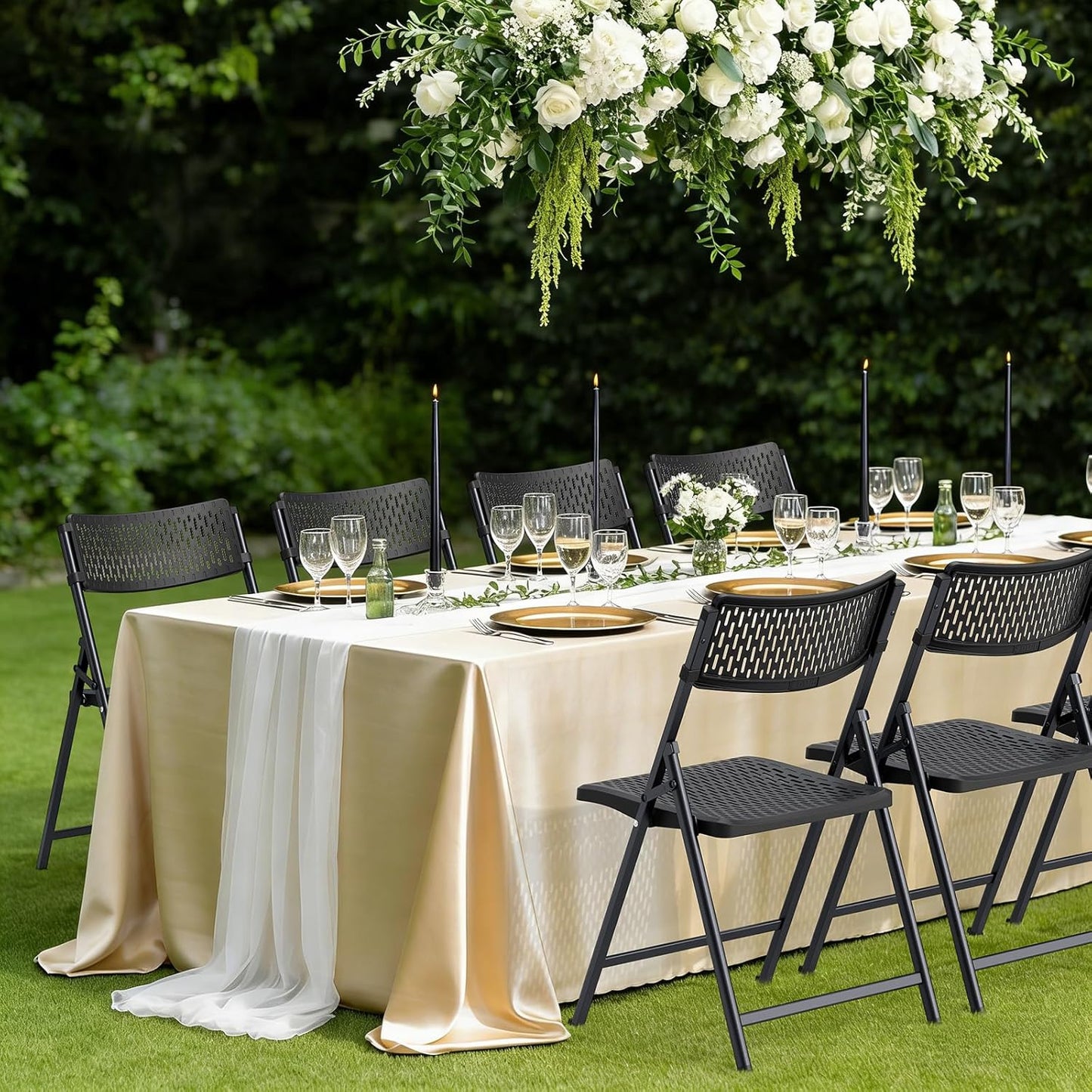Black Folding Chairs 4-Pack, Breathable Plastic for Card Tables & Indoor Outdoor, Easy-Clean & Supports 400 Lbs