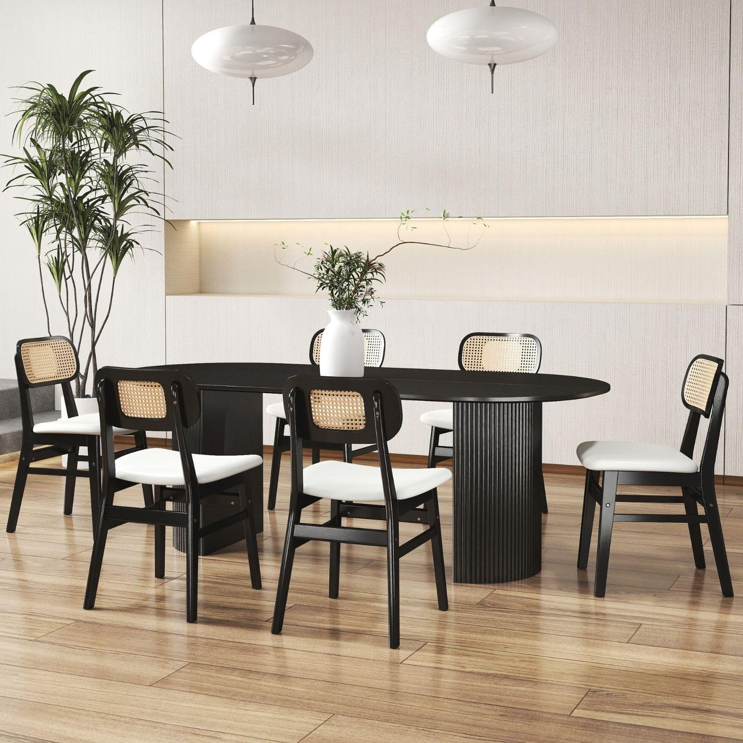 ROCITY Rattan Dining Chairs Set of 2 Beige Linen Fabric Dining Room Chairs Natural Wooden Kitchen Chairs Farmhouse Boho