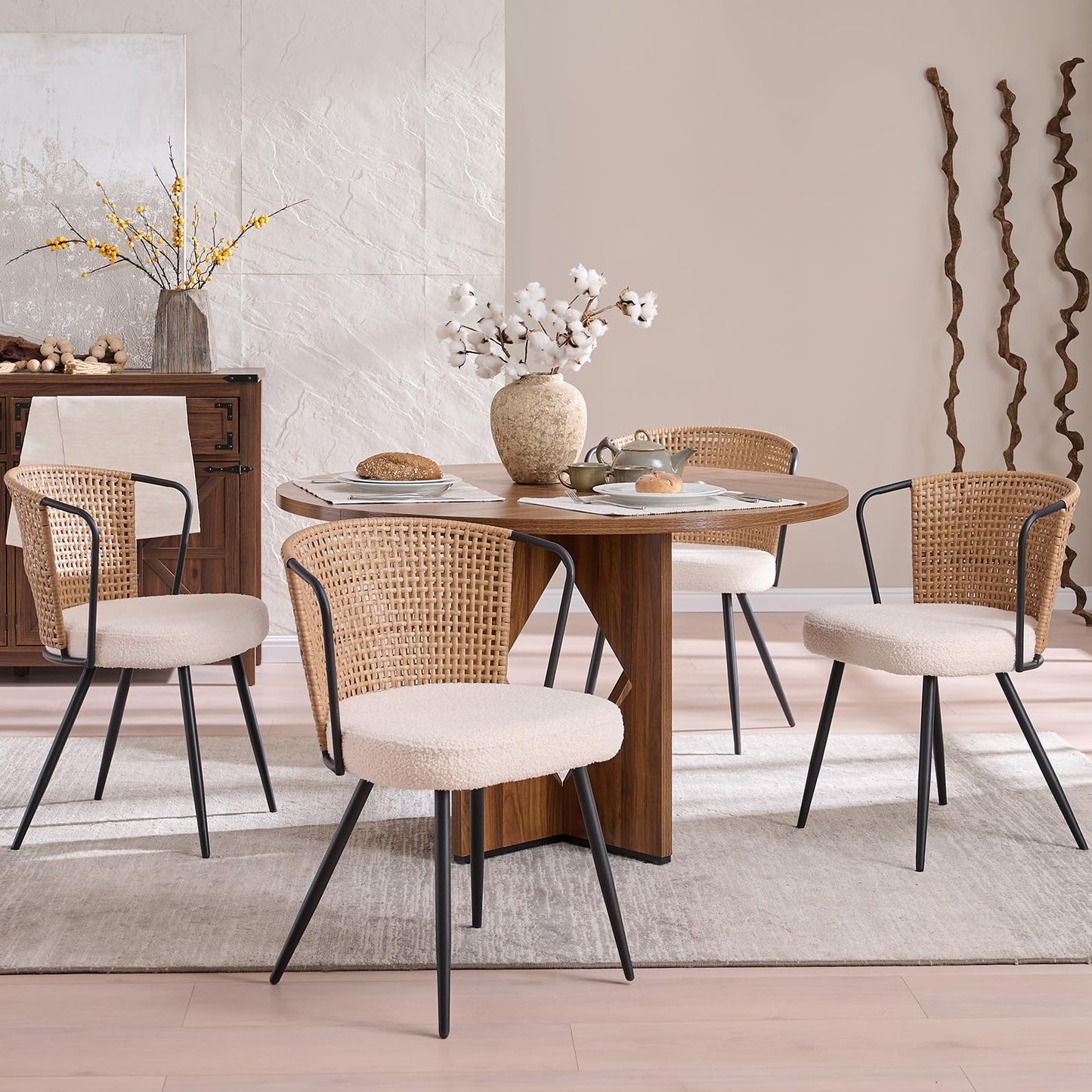 Brown Wingback PE Rattan Dining Chairs Set of 6 with Boucle Cushion & Metal Legs