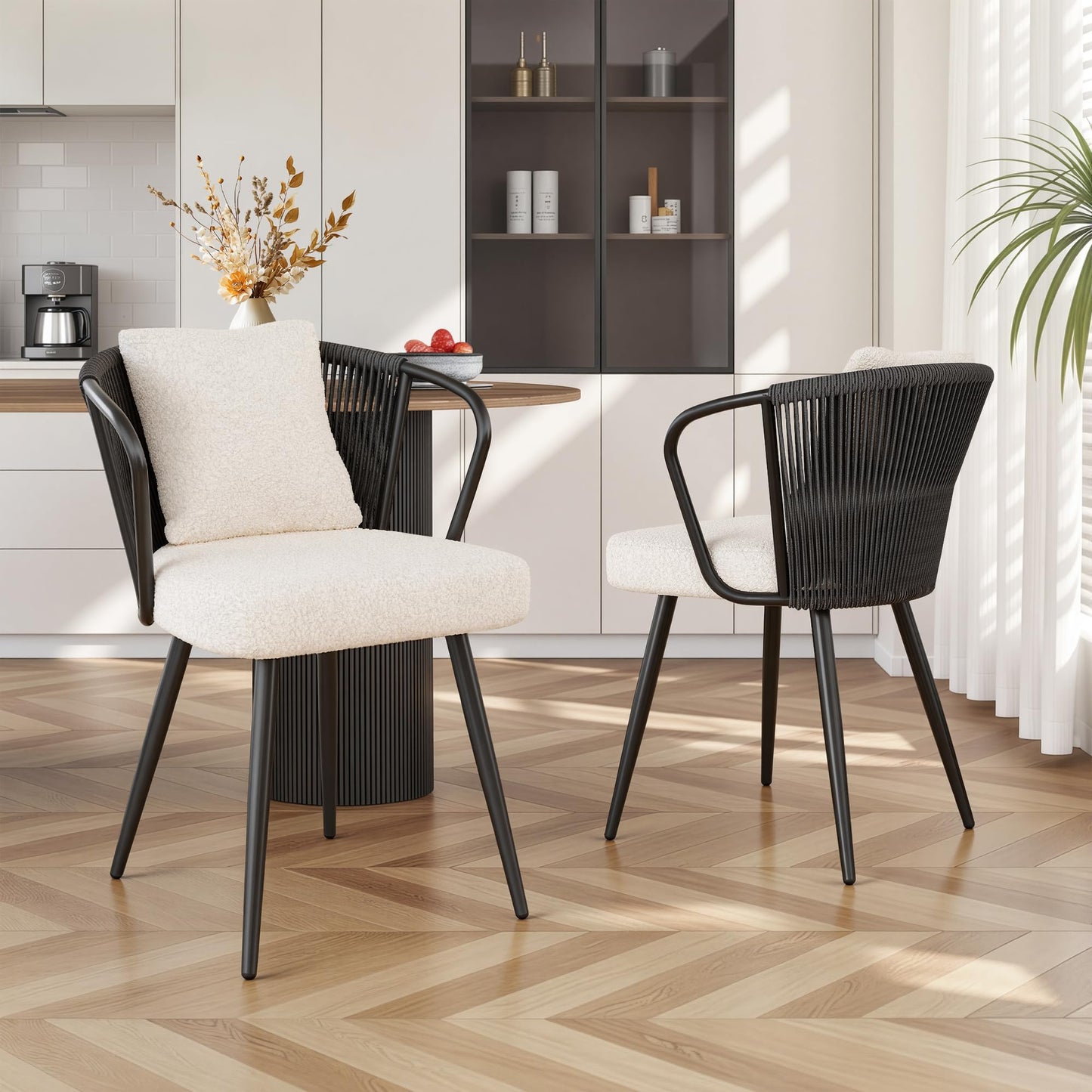 Rattan Dining Chairs Set of 2, Upholstered Kitchen Chair with Metal Legs, Ergonomic Curved Backrest, Mid Century Modern Living Room Chairs with Throw Pillow, Natural