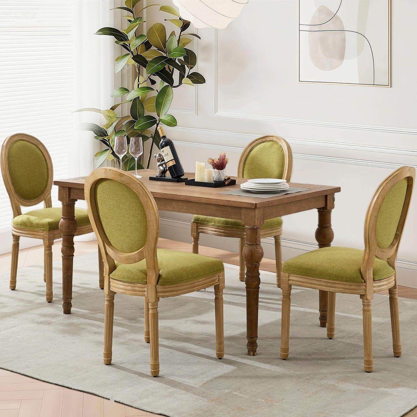 Rattan Dining Chairs Set of 4, French Country Cane Back Upholstered Kitchen Chairs, Solid Wood Farmhouse Side Chairs, Beige